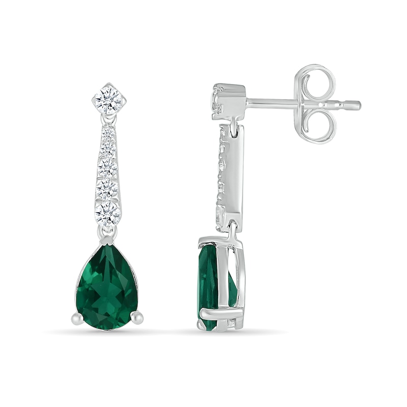 Main Image 3 of Pear-Shaped Lab-Created Emerald and White Lab-Created Sapphire Drop Earrings in Sterling Silver