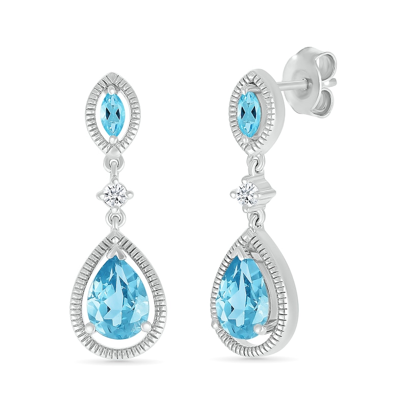 Main Image 1 of Marquise and Pear-Shaped Swiss Blue Topaz with White Lab-Created Sapphire Vintage-Style Drop Earrings in Sterling Silver