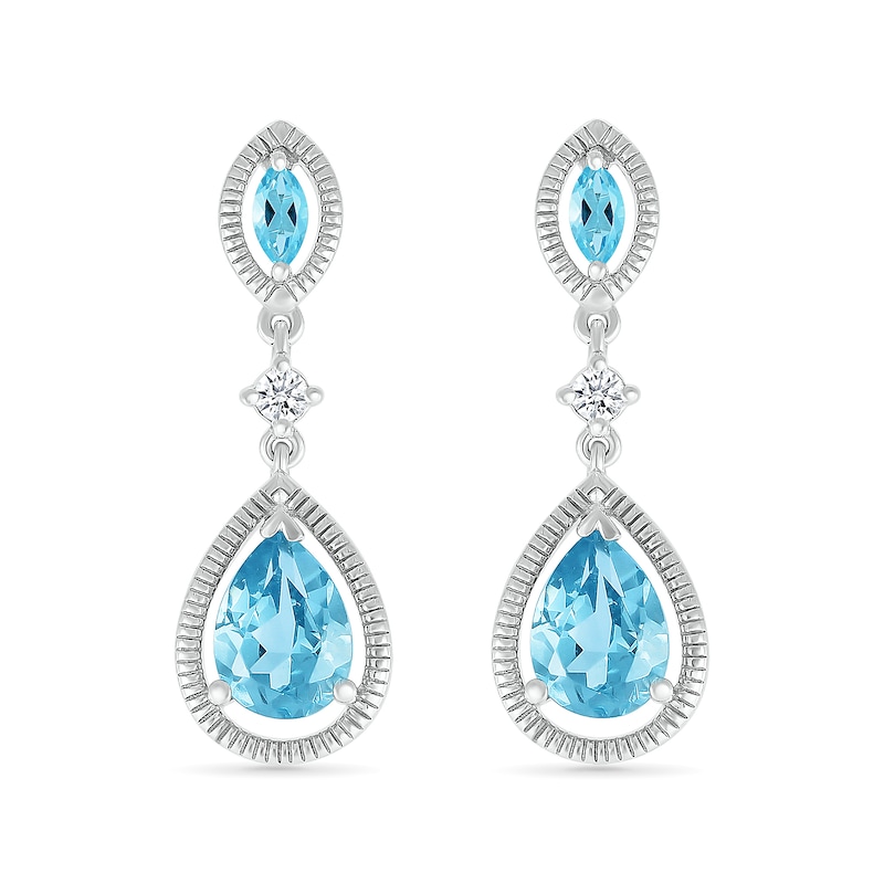 Main Image 2 of Marquise and Pear-Shaped Swiss Blue Topaz with White Lab-Created Sapphire Vintage-Style Drop Earrings in Sterling Silver