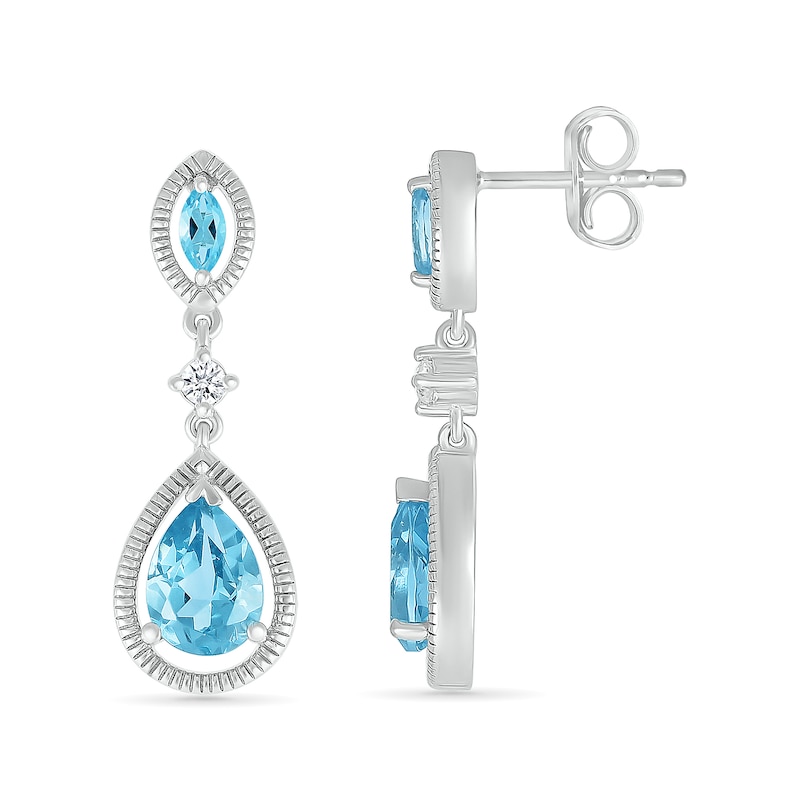 Main Image 3 of Marquise and Pear-Shaped Swiss Blue Topaz with White Lab-Created Sapphire Vintage-Style Drop Earrings in Sterling Silver