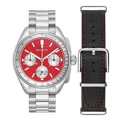 Men's Bulova Lunar Pilot Chronograph Watch with Red Dial and Interchangeable Black Leather Strap (Model: 96K115)