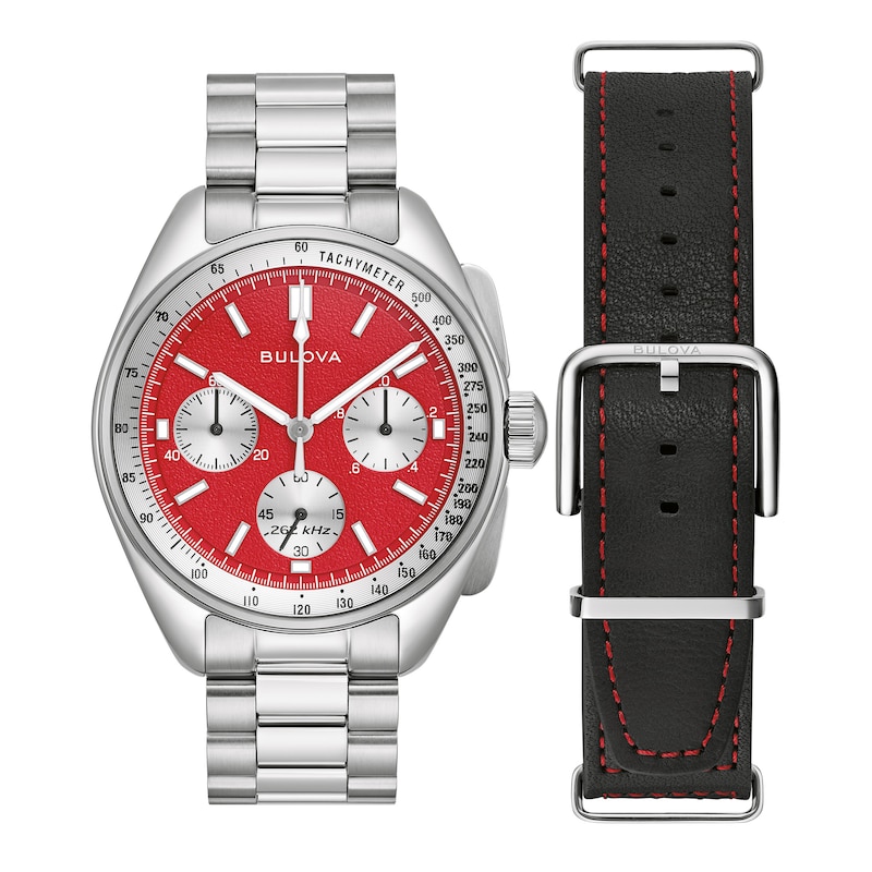 Main Image 1 of Men's Bulova Lunar Pilot Chronograph Watch with Red Dial and Interchangeable Black Leather Strap (Model: 96K115)