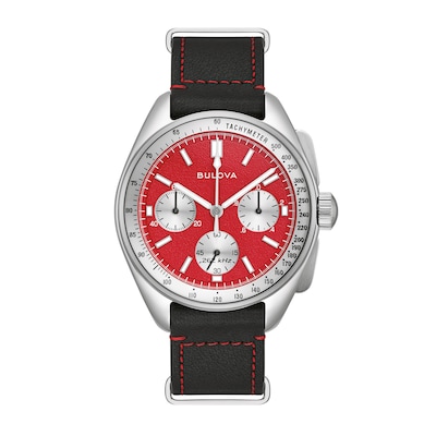 Men's Bulova Lunar Pilot Chronograph Watch with Red Dial and Interchangeable Black Leather Strap (Model: 96K115)