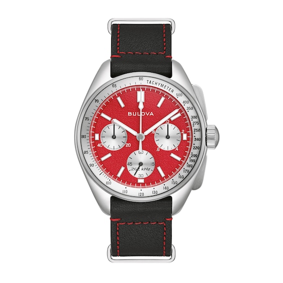 Men's Bulova Lunar Pilot Chronograph Watch with Red Dial and Interchangeable Black Leather Strap (Model: 96K115)