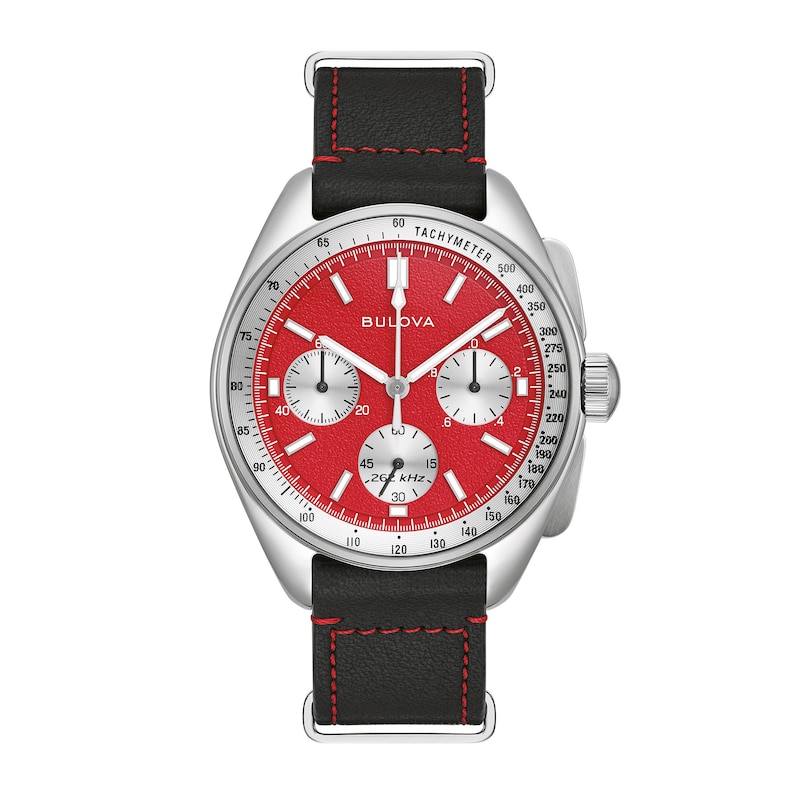 Main Image 5 of Men's Bulova Lunar Pilot Chronograph Watch with Red Dial and Interchangeable Black Leather Strap (Model: 96K115)