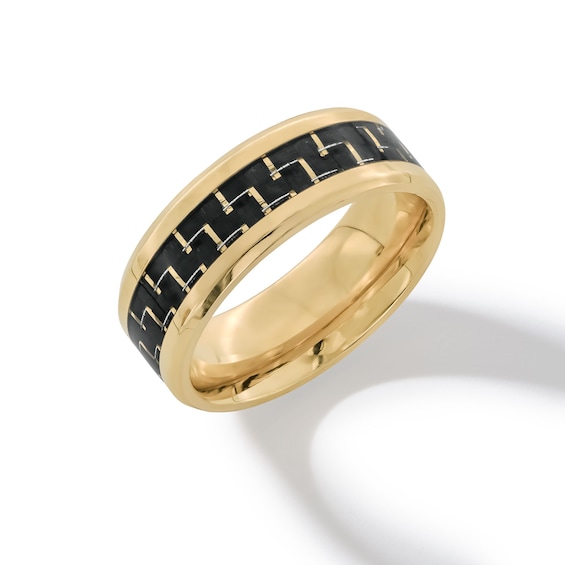 8.0mm Carbon Fibre Inlay Bevelled Edge Wedding Band in Stainless Steel with Yellow Ion Plate - Size 10