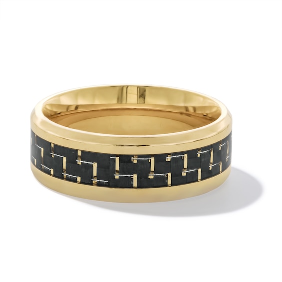 8.0mm Carbon Fibre Inlay Bevelled Edge Wedding Band in Stainless Steel with Yellow Ion Plate - Size 10