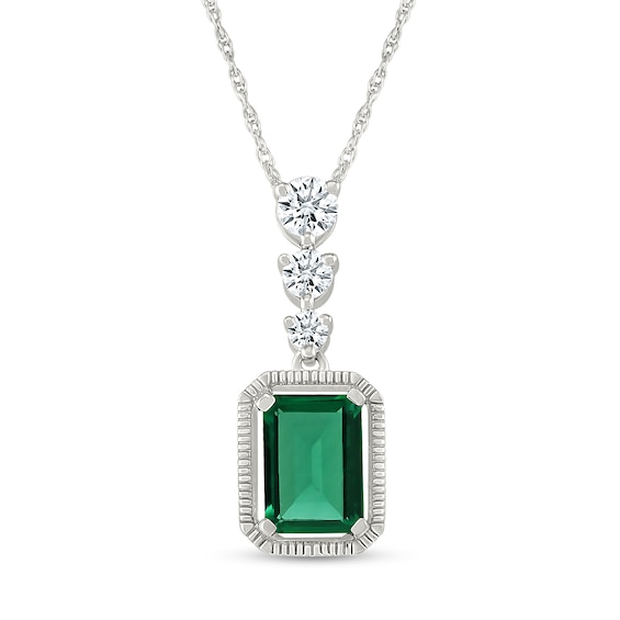 Emerald-Cut Lab-Created Emerald and White Lab-Created Sapphire Vintage-Style Drop Pendant in Sterling Silver