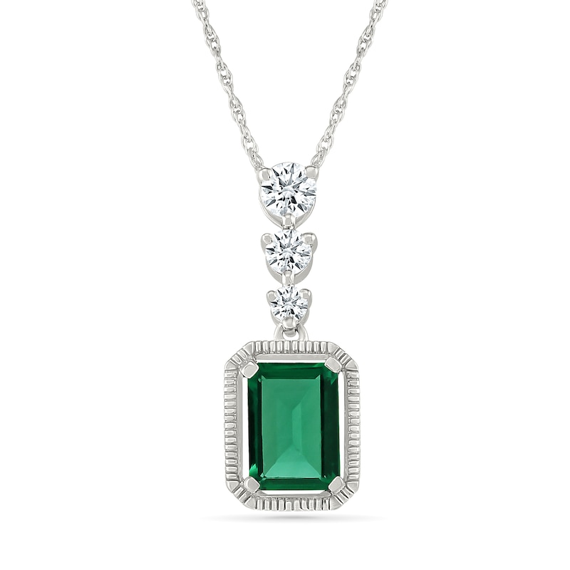 Emerald-Cut Lab-Created Emerald and White Lab-Created Sapphire Vintage-Style Drop Pendant in Sterling Silver