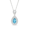 Pear-Shaped Swiss Blue Topaz and White Lab-Created Sapphire Double Frame Drop Pendant in Sterling Silver