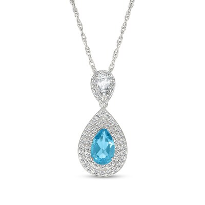 Pear-Shaped Swiss Blue Topaz and White Lab-Created Sapphire Double Frame Drop Pendant in Sterling Silver