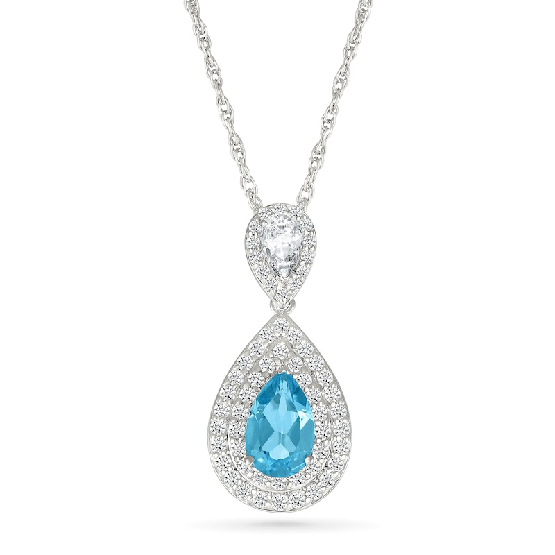 Pear-Shaped Swiss Blue Topaz and White Lab-Created Sapphire Double Frame Drop Pendant in Sterling Silver