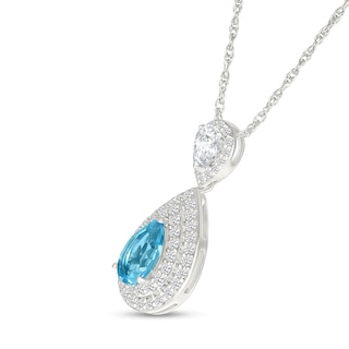 Pear-Shaped Swiss Blue Topaz and White Lab-Created Sapphire Double Frame Drop Pendant in Sterling Silver