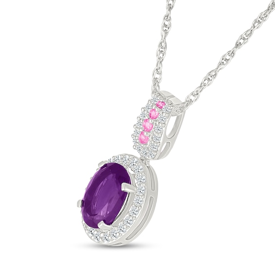 Oval Amethyst with Pink and White Lab-Created Sapphire Loop Drop Pendant in Sterling Silver