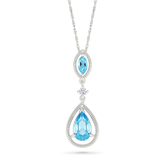 Marquise and Pear-Shaped Swiss Blue Topaz with White Lab-Created Sapphire Vintage-Style Drop Pendant in Sterling Silver