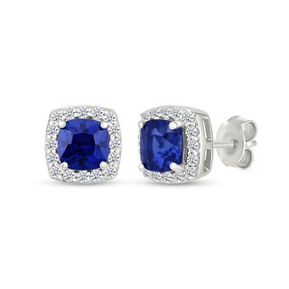 5.0mm Cushion-Cut Blue and White Lab-Created Sapphire Frame Stud Earrings in Sterling Silver