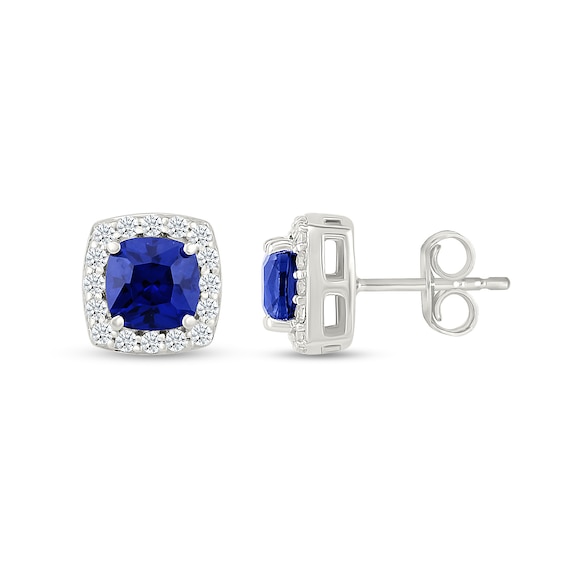 5.0mm Cushion-Cut Blue and White Lab-Created Sapphire Frame Stud Earrings in Sterling Silver