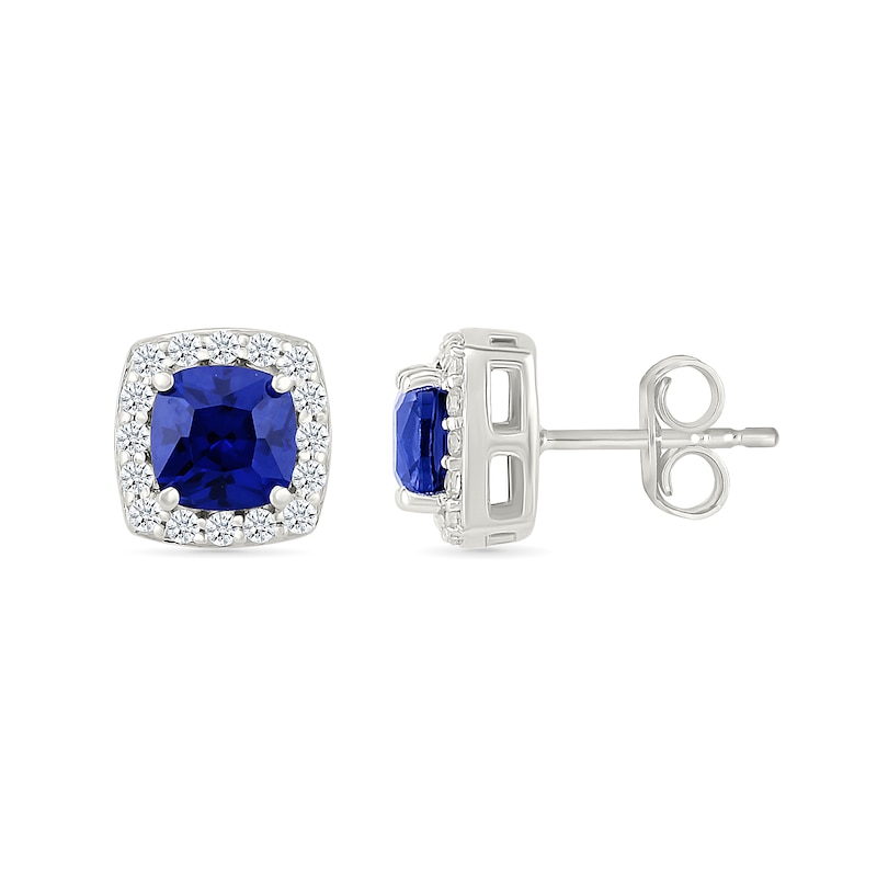 Main Image 2 of 5.0mm Cushion-Cut Blue and White Lab-Created Sapphire Frame Stud Earrings in Sterling Silver