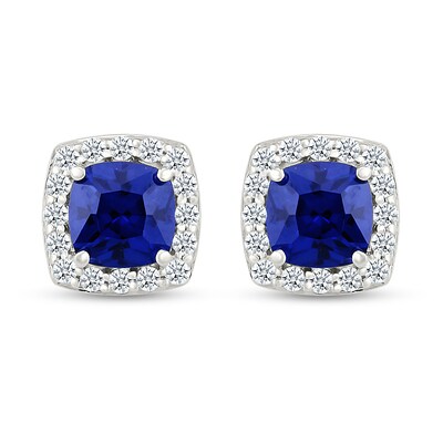 5.0mm Cushion-Cut Blue and White Lab-Created Sapphire Frame Stud Earrings in Sterling Silver