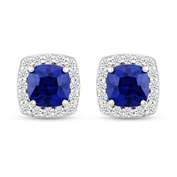 5.0mm Cushion-Cut Blue and White Lab-Created Sapphire Frame Stud Earrings in Sterling Silver