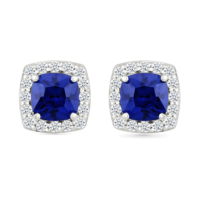 5.0mm Cushion-Cut Blue and White Lab-Created Sapphire Frame Stud Earrings in Sterling Silver