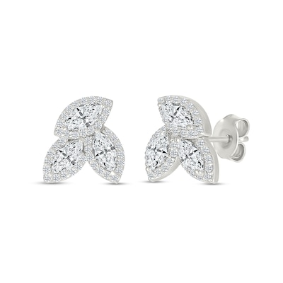 Marquise and Round White Lab-Created Sapphire Frame Trio Cluster Stud Earrings in Sterling Silver