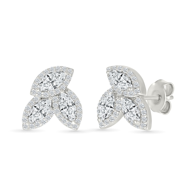 Marquise and Round White Lab-Created Sapphire Frame Trio Cluster Stud Earrings in Sterling Silver