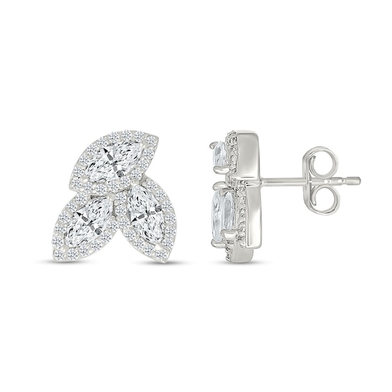 Marquise and Round White Lab-Created Sapphire Frame Trio Cluster Stud Earrings in Sterling Silver