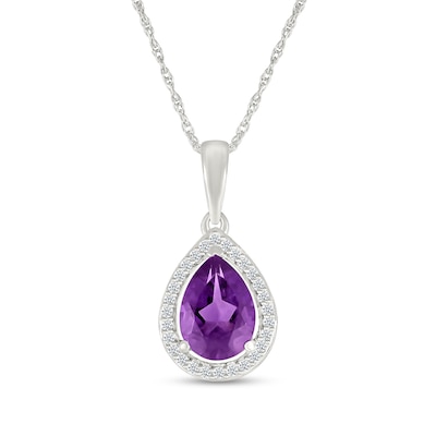 Pear-Shaped Amethyst and 0.065 CT. T.W. Diamond Frame Drop Pendant in 10K White Gold