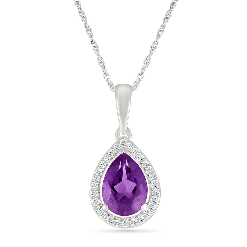 Pear-Shaped Amethyst and 0.065 CT. T.W. Diamond Frame Drop Pendant in 10K White Gold