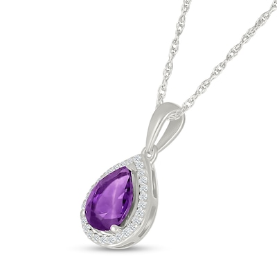 Pear-Shaped Amethyst and 0.065 CT. T.W. Diamond Frame Drop Pendant in 10K White Gold