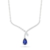 Thumbnail Image 1 of Pear-Shaped Blue and White Lab-Created Sapphire Crossover &quot;V&quot; Necklace in Sterling Silver