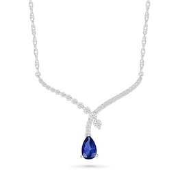 Pear-Shaped Blue and White Lab-Created Sapphire Crossover &quot;V&quot; Necklace in Sterling Silver