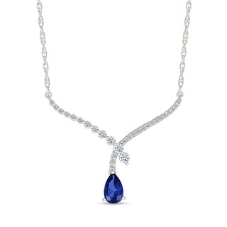 Pear-Shaped Blue and White Lab-Created Sapphire Crossover "V" Necklace in Sterling Silver