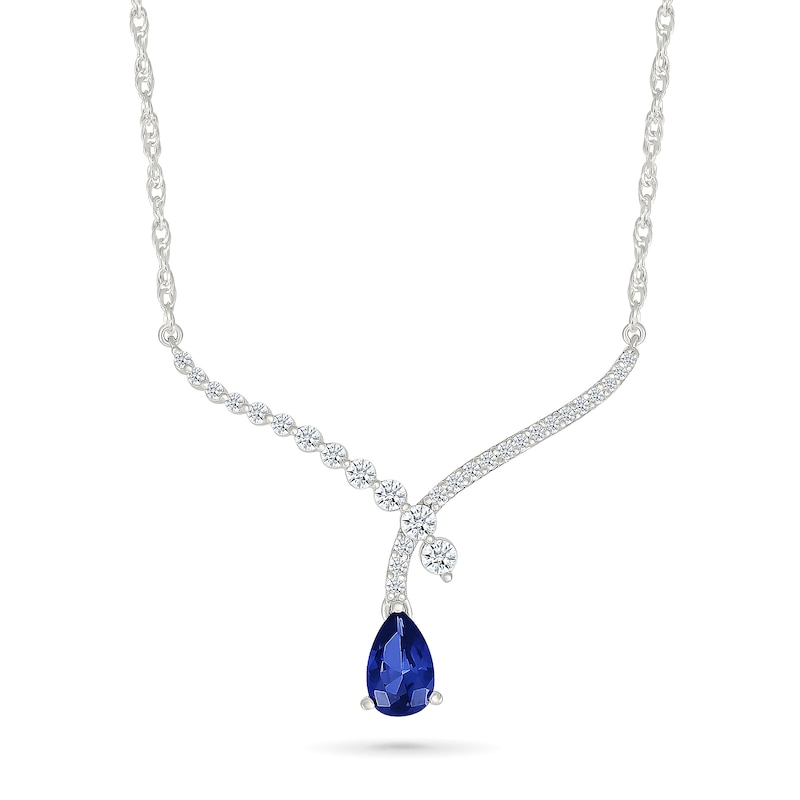 Pear-Shaped Blue and White Lab-Created Sapphire Crossover "V" Necklace in Sterling Silver