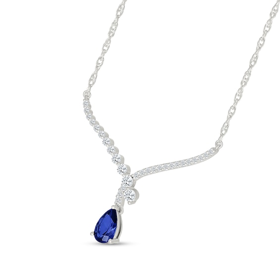 Pear-Shaped Blue and White Lab-Created Sapphire Crossover "V" Necklace in Sterling Silver