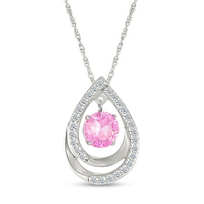 6.0mm Pink and White Lab-Created Sapphire Dangle Double Teardrop Pendant in Sterling Silver