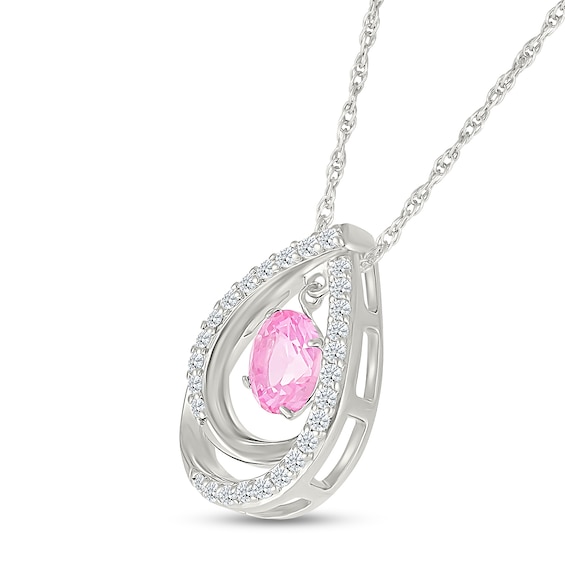 6.0mm Pink and White Lab-Created Sapphire Dangle Double Teardrop Pendant in Sterling Silver