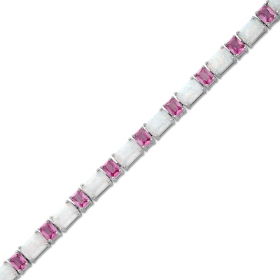 Oval Lab-Created Opal and Emerald-Cut Pink Lab-Created Sapphire Alternating Bracelet in Sterling Silver - 7.25”