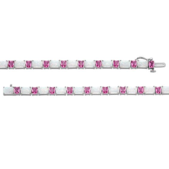 Oval Lab-Created Opal and Emerald-Cut Pink Lab-Created Sapphire Alternating Bracelet in Sterling Silver - 7.25”