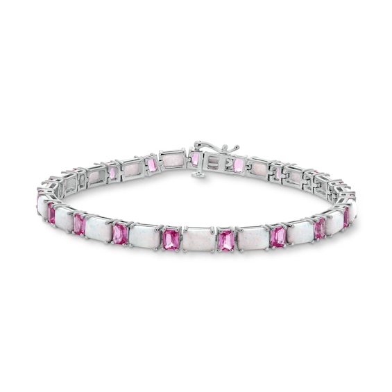 Oval Lab-Created Opal and Emerald-Cut Pink Lab-Created Sapphire Alternating Bracelet in Sterling Silver - 7.25”