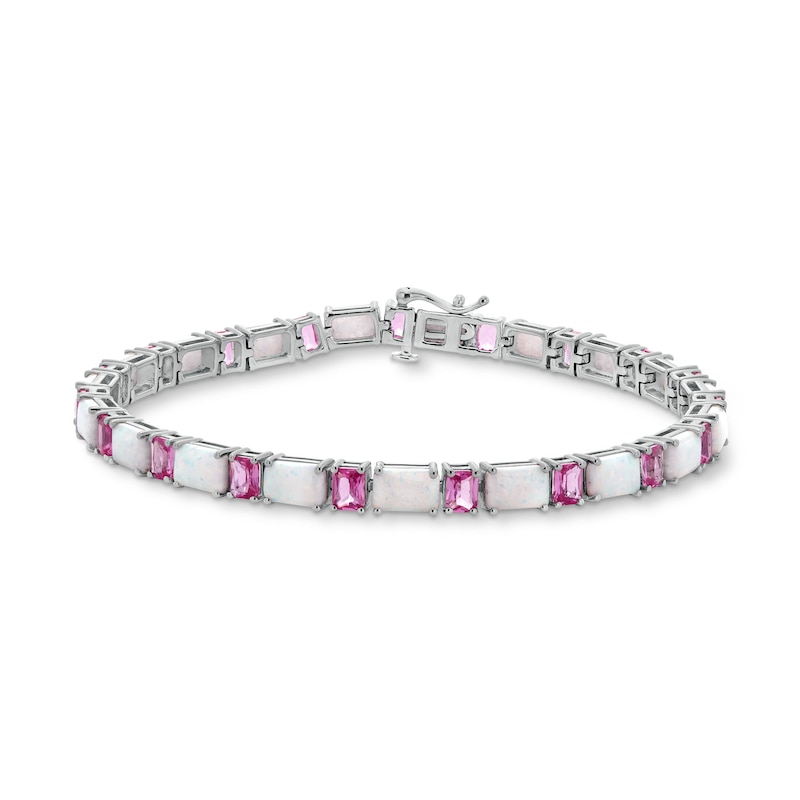 Oval Lab-Created Opal and Emerald-Cut Pink Lab-Created Sapphire Alternating Bracelet in Sterling Silver - 7.25”