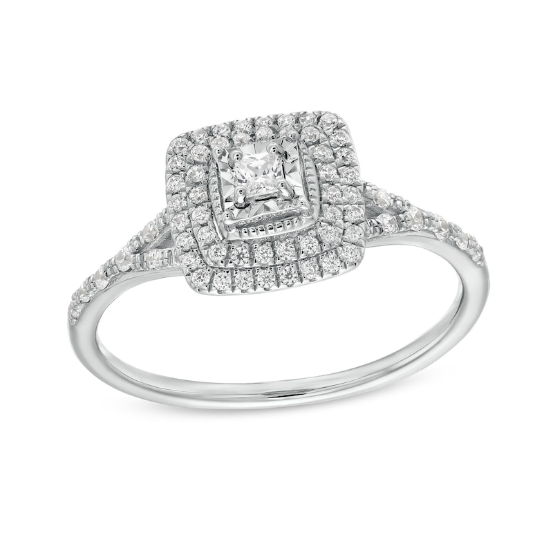 Main Image 1 of 0.25 CT. T.W. Princess-Cut Diamond Double Cushion Frame Split Shank Vintage-Style Engagement Ring in 10K White Gold