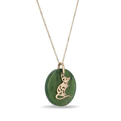 20.0mm Jade Rat Chinese Zodiac Disc Pendant in 14K Gold