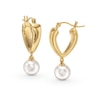 Thumbnail Image 1 of 7.5-8.0mm Freshwater Cultured Pearl Dangle Hoop Earrings in Sculpted Hollow 14K Gold