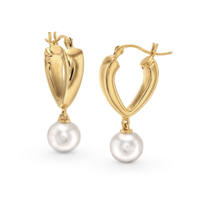 Main Image 1 of 7.5-8.0mm Freshwater Cultured Pearl Dangle Hoop Earrings in Sculpted Hollow 14K Gold