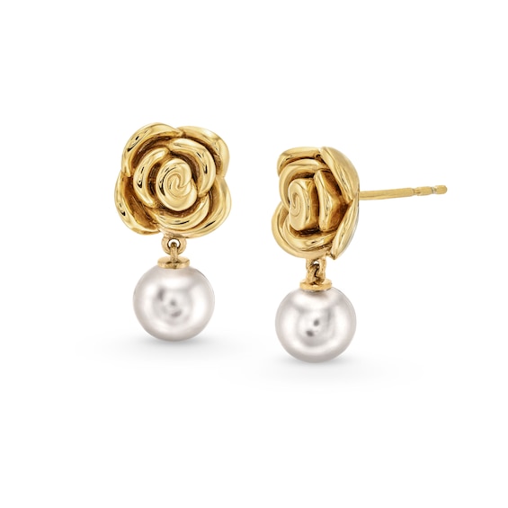 7.5-8.0mm Freshwater Cultured Pearl Flower Drop Earrings in Sculpted Hollow 14K Gold