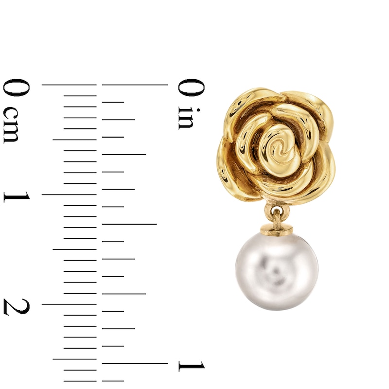 Main Image 3 of 7.5-8.0mm Freshwater Cultured Pearl Flower Drop Earrings in Sculpted Hollow 14K Gold