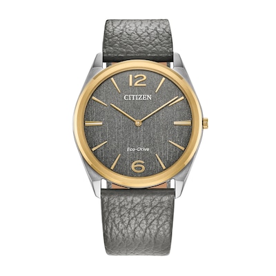 Unisex Citizen Eco-Drive® Dress Classic Gold-Tone IP Leather Strap Watch with Grey Dial (Model: AR3124-07H)