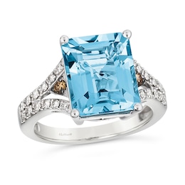 Le Vian® Emerald-Cut Blue Topaz and 0.31 CT. T.W. Diamond Split Shank Ring in 14K Vanilla Gold®